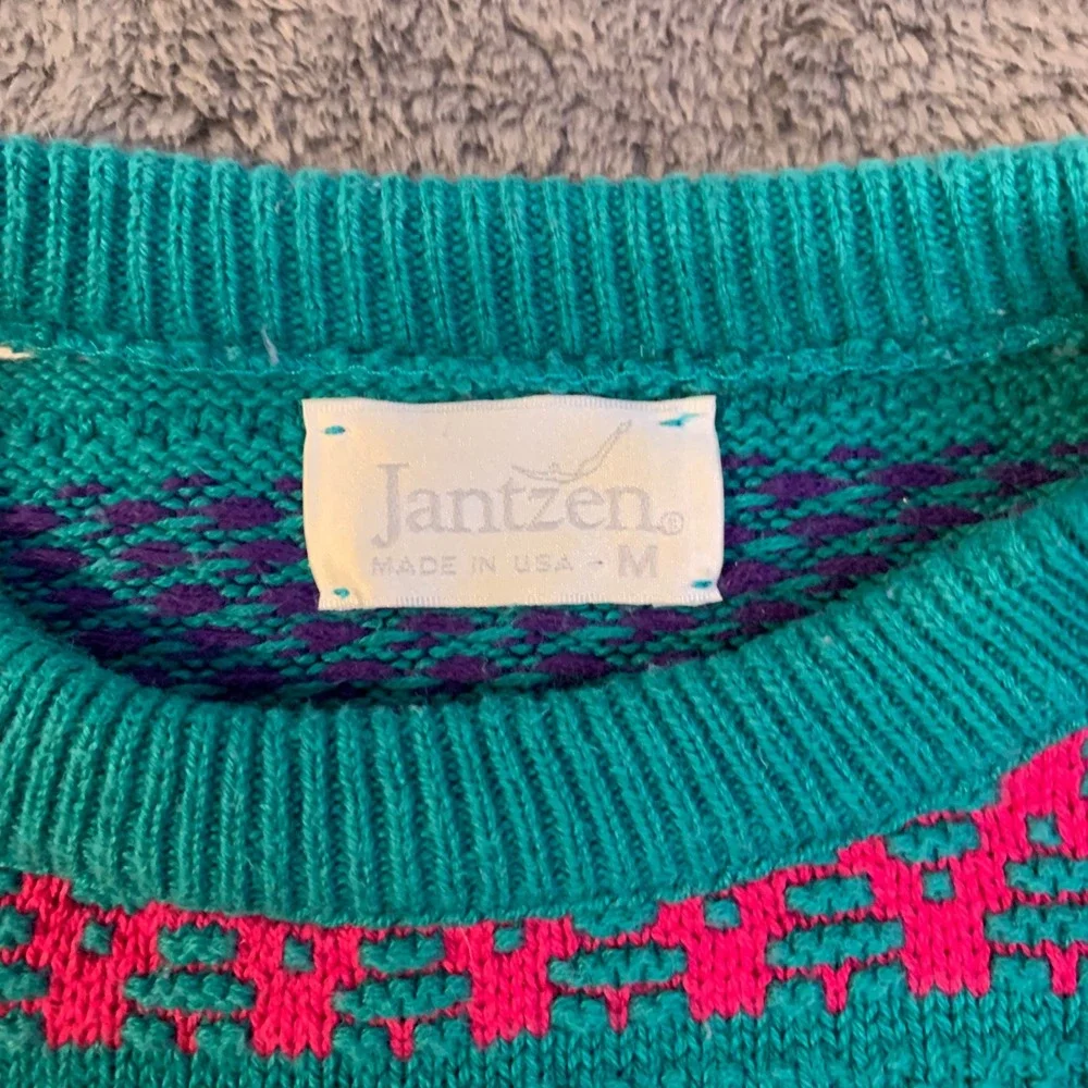 Vintage 90s Jantzen Teal Pink Heart Knit Sweater Embroidered‎ wmns Medium